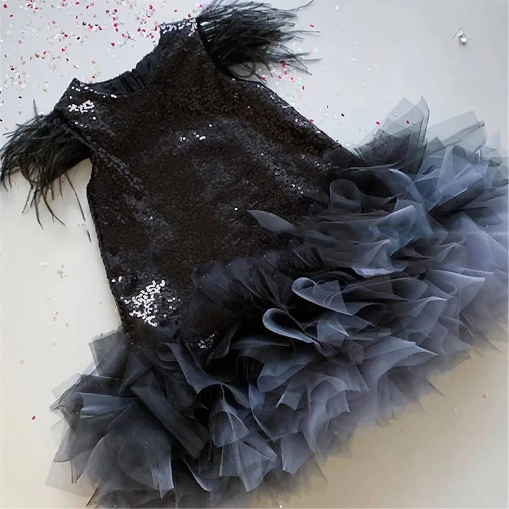 Золотые пышные платья с блестками для девочек свадебные принцессы перьями и