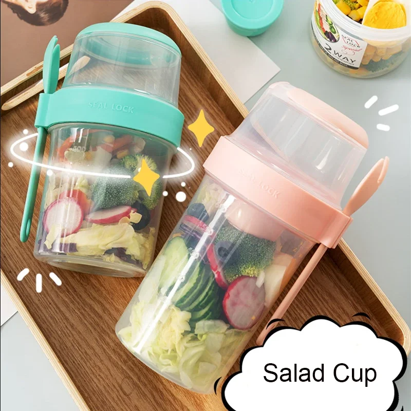 

Portable Salad Cup Double Oatmeal Cup Yogurt Nut Fat-Reduced Take-Out Vegetable And Fruit Box Cup With Lid Spoon Breakfast Cup