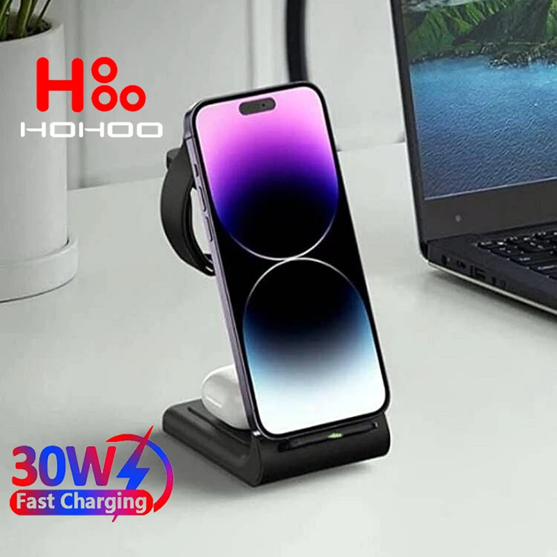 Беспроводная зарядка 30 Вт для iPhone 15 14 13 12 11 Pro Max Apple Watch 9 8 7 6 AirPods Samsung Z Fold 3 S24 S23 S22 S21
