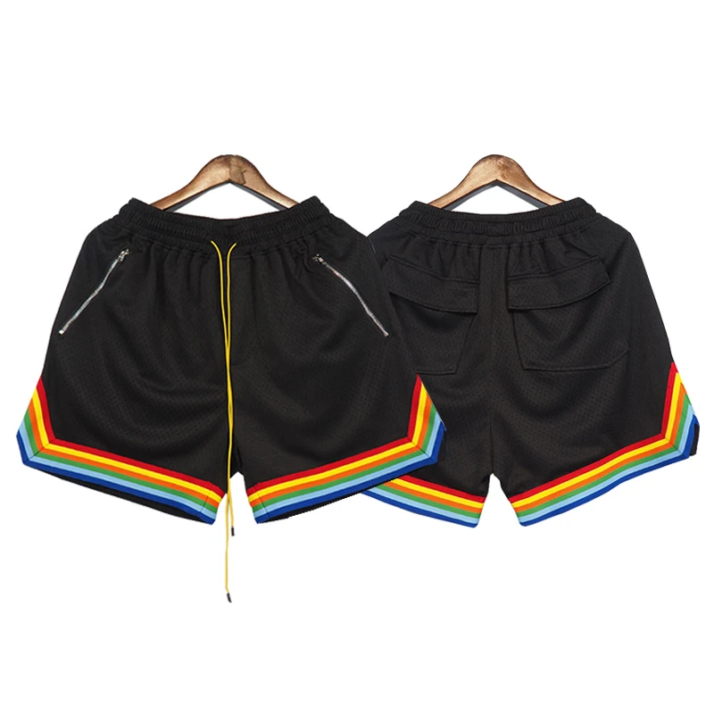 

New Black RHUDE Shorts Men Women Drawstring Zipper Pocket Inside Mesh Rainbow Stripe Oversize New Rhude Breeches y2k