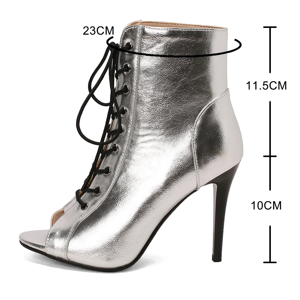 Gold Silver Heels Ankle Boots For Women Sexy Peep Toe Lace Up Boot Party Jazz Latin Dance Stilettos Shoes Ladies Party Pumps 44