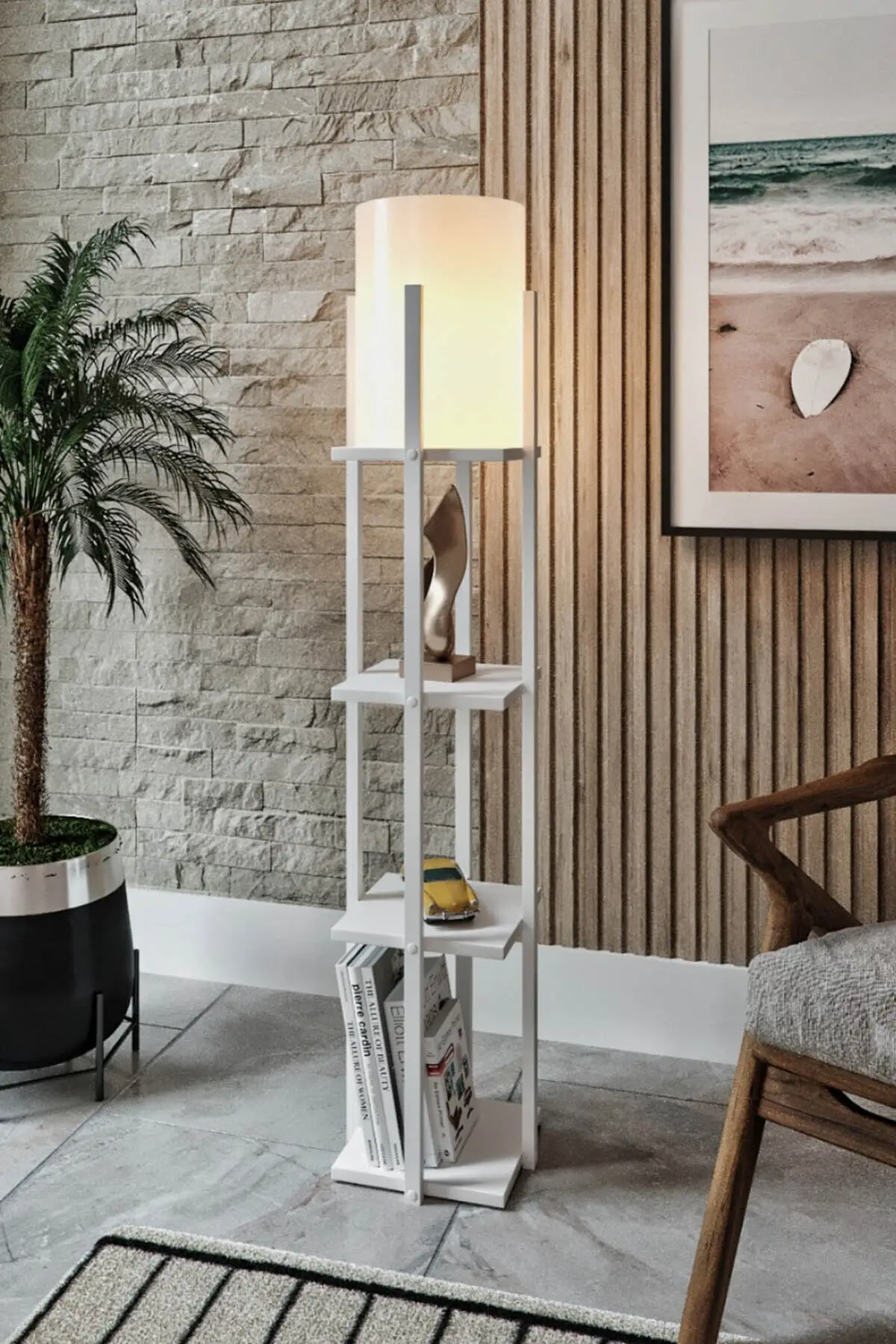 

Белый декоративный современный деревянный напольный светильник Osso с 3 полками из МДФ