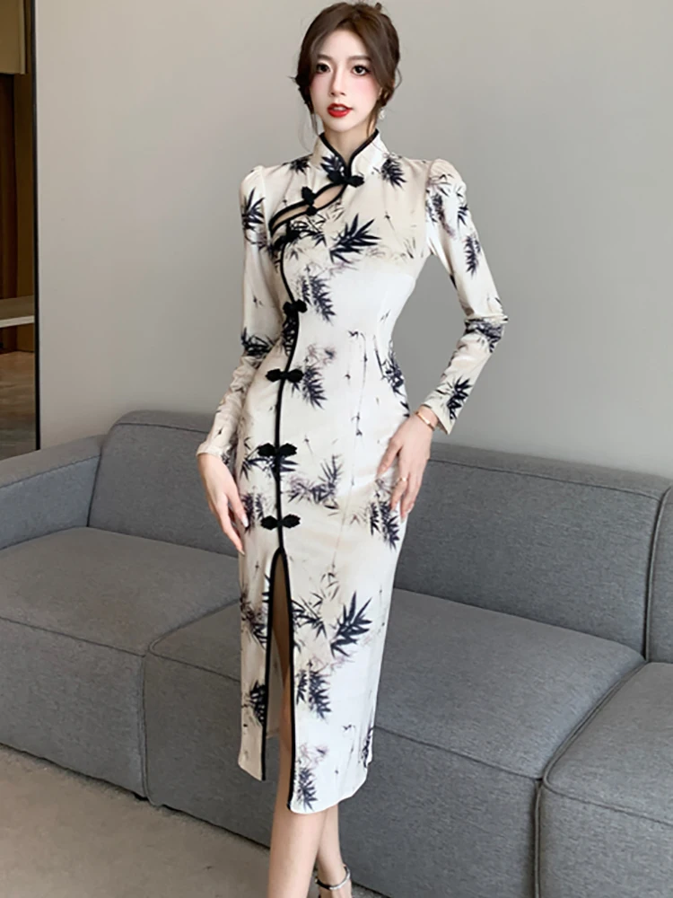 Женское бархатное платье с принтом элегантное винтажное облегающее в Корейском