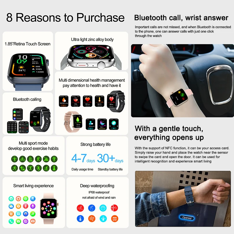 Фото 1,85-дюймовый AMOLED-экран Смарт-часы для женщин Bluetooth-вызов NFC Сердечный ритм Артериальное давление Кислород в крови Леди Смарт-часы для сна 2026 №2