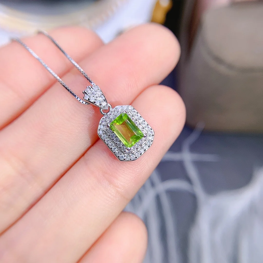 

925 Sterling Silver Natural Peridot Pendant Emerald Cut 4x6mm Green Gemstone Jewelry