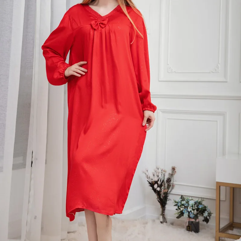 Women Nightgown Cotton Sleepshirt Long Sleeve V Neck Dress Casual Autumn Spring Nightwear Sleepwear Home Dressing Gown Plus Size
