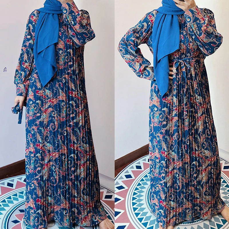 Women Printed Floral Abaya Dress Pleated Long Sleeves With Belt Middle East Dubai Turkey Evening Party For Muslim Hijab Dress