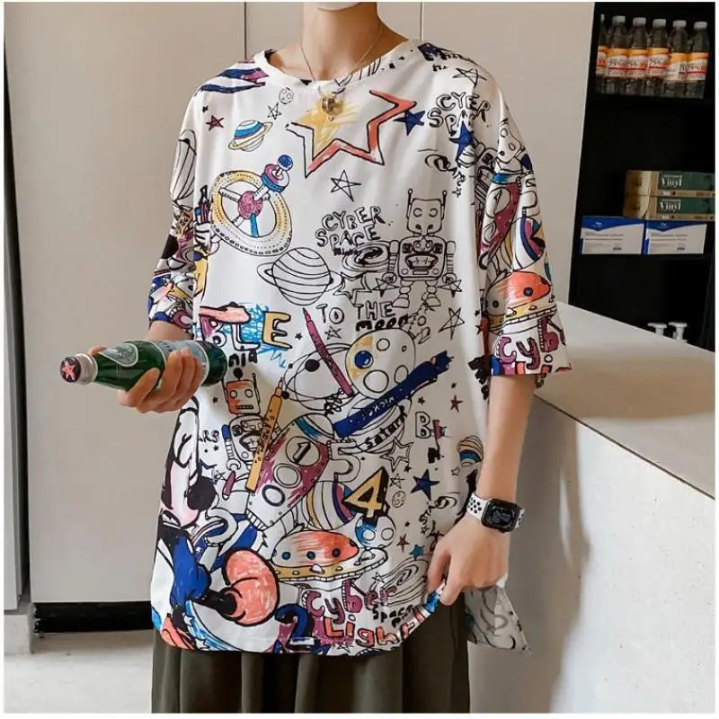 

Youth'S New Cartoon Graffiti Short-Sleeved Thin T-Shirt Men'S Hip-Hop Loose Print Hong Kong Fashion Label Clothes Summer