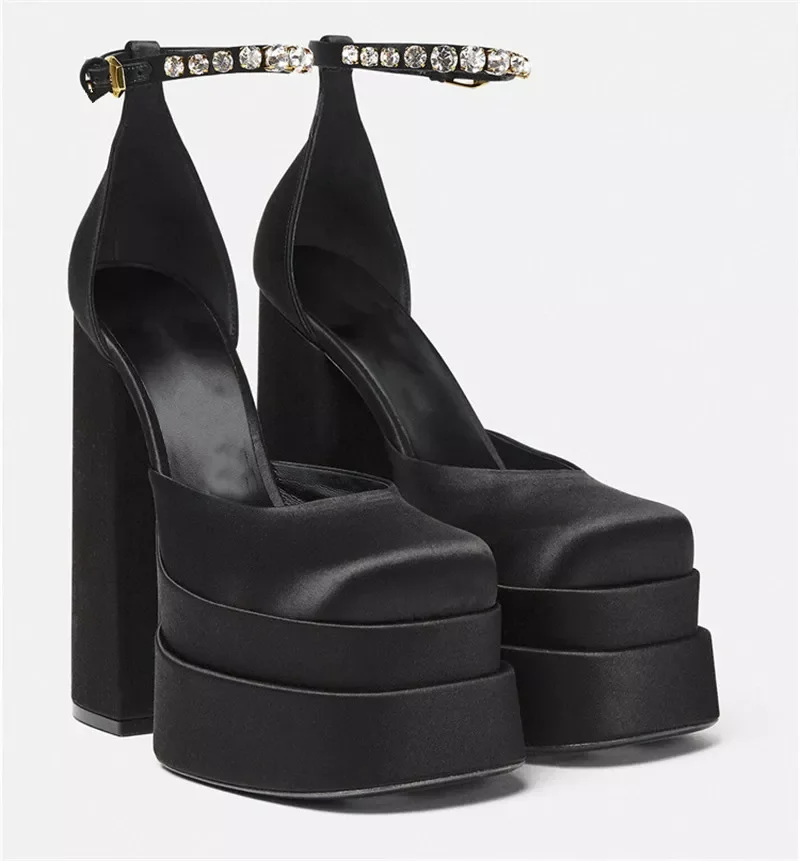 

NEW 2023 Termainoov Women Pumps Brand New Sexy Chunky High Heels Platform Dress Shoes Party Wedding Shoes Buckle Rhinestone Si