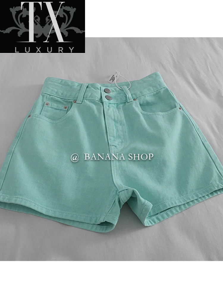 

2022 Summer Women High Waist Cyan Wide Leg Denim Shorts Female Casual Solid Streetwear Slim ashion All-Match Jeans Korean