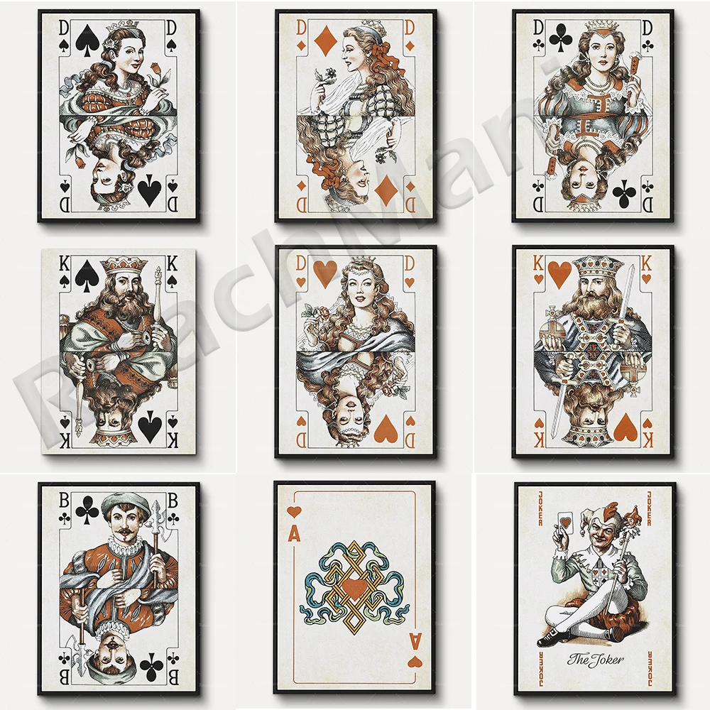 

Queen of Clubs, Ace, King of Spades, King of Hearts Playing Card Art Print, Vintage Card King Canvas Art Playroom Decor Poster