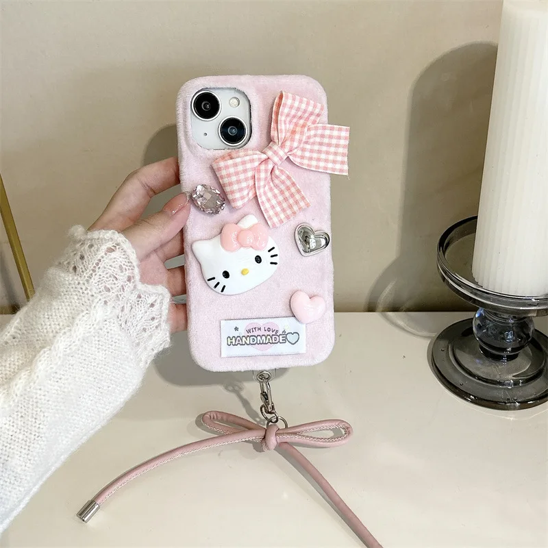 Cute Hello Kitty Plush Bow embroidery Kawaii Phone Case For Iphone 16 15 14 13 Promax Y2k Sweet Girl Protective Cover