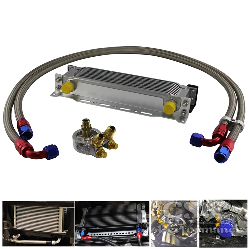 10 Row Engine Oil Cooler w/ Thermostat 80 Deg Filter Adapter Kit Silver / Black |