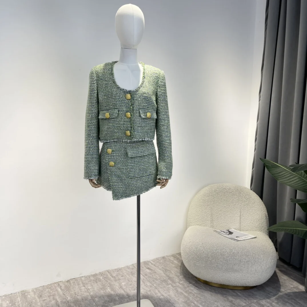 

Autumn New 2022 Green Top Quality Women Set Long Sleeve Tops and High Waist Shorts Ladies Suits with False Pocket Decoration