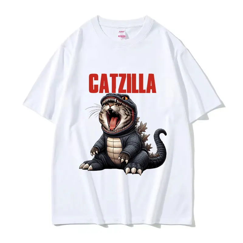 Funny Catzilla Cat Meme T Shirt Men Women Retro High Quality Fashion T-shirts Summer O-Neck Oversized Cotton T-shirt Streetwear