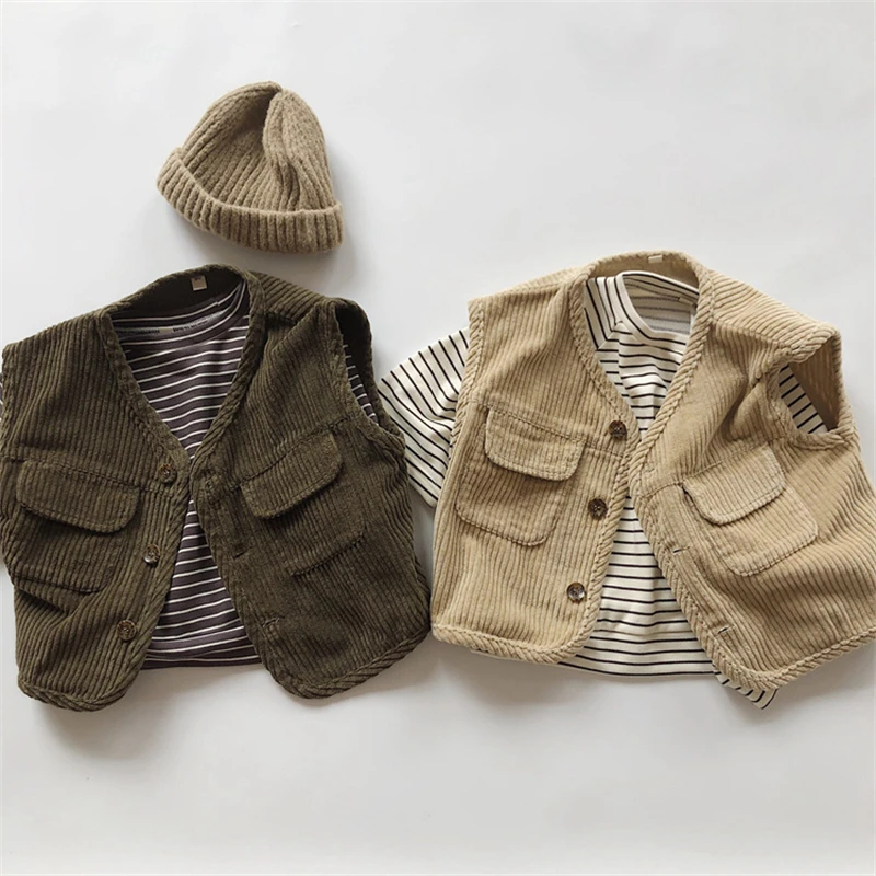 

Kids Clothes Boys Corduroy Vests Spring Autumn Fleece Pocket Sleeveless Girl Tank Top for Babies 100% Cotton Children's Clothing