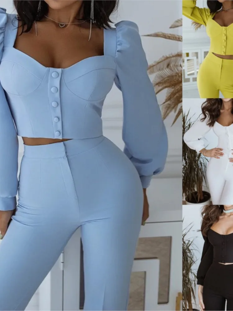 Женский повседневный костюм с коротким рукавом-фонариком