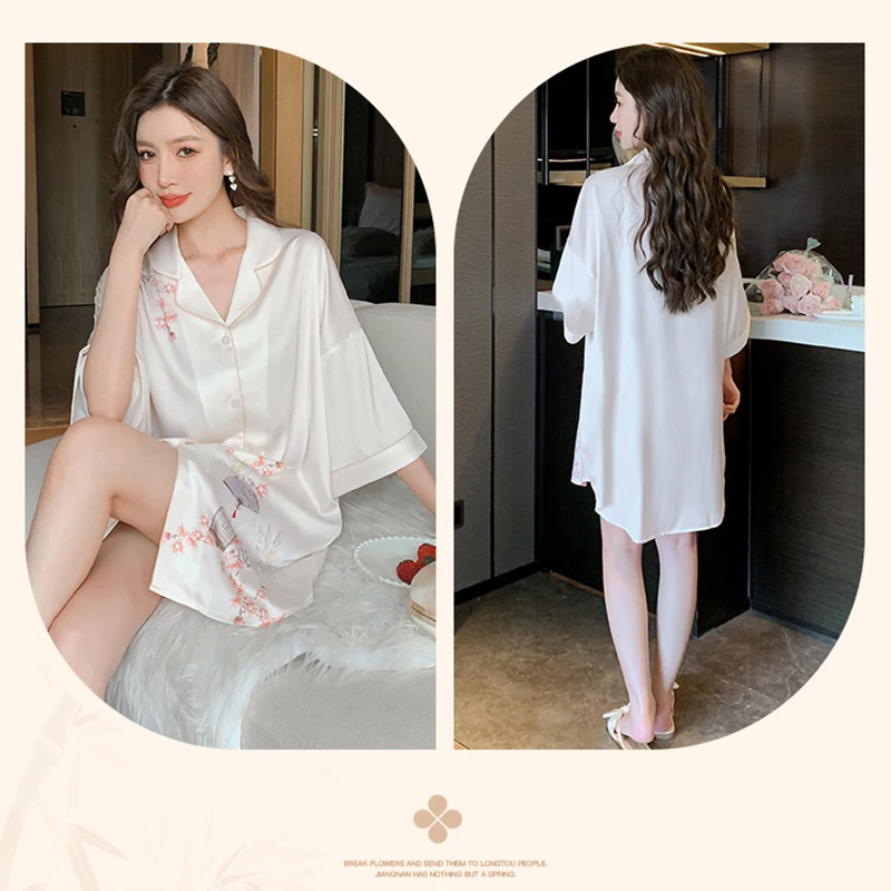 Ice Silk Nightdress Women's Summer New Short-sleeved Pajamas Thin Senior Sense Satin Sexy Shirt Sleep Dress Free Shipping