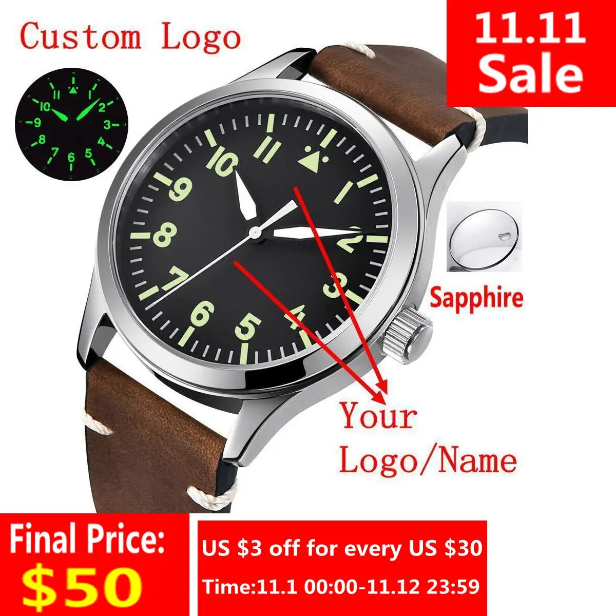 Pаспродажа Часы мужские механические с сапфировым стеклом и кожаным ремешком