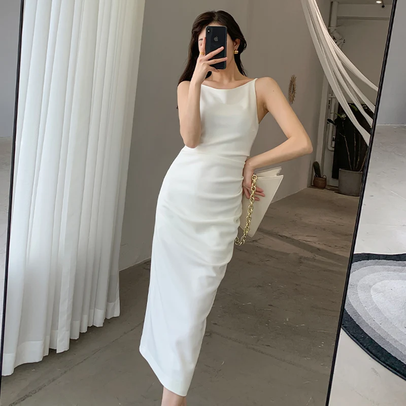 Новинка 2024 летняя одежда длинное приталенное платье на бретельках с эффектом