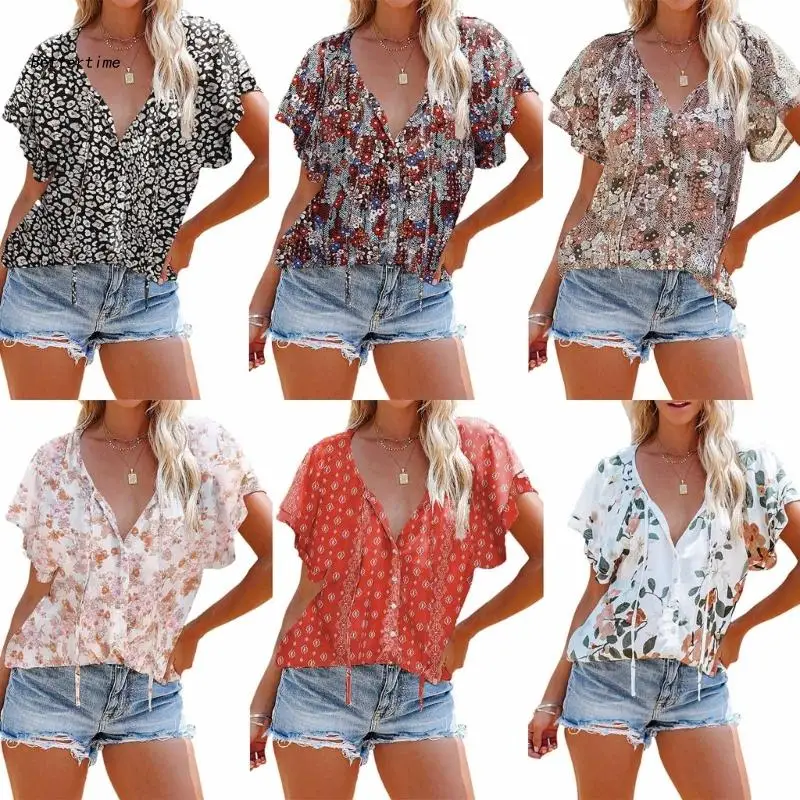 

B36D Womens Casual Ruffle Short Sleeve Boho Floral Shirts Drawstring V-Neck Button Down Loose Fit Blouses Tunic Top S-3XL