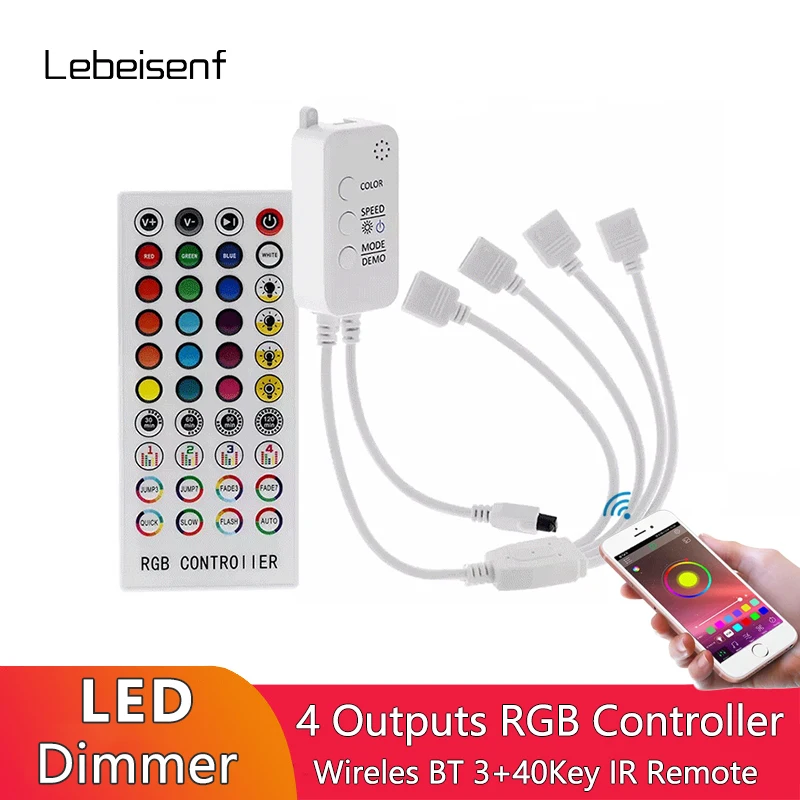 1-4 Output Bluetooth RGB Colorful LED Dimmer Controller Music Timing Mode with 40 Keys IR Remote Control for 5050 2835 Light Bar