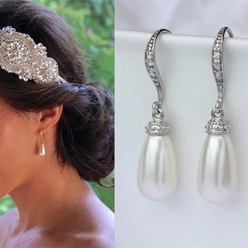 

Exquisite Drop Imitation Pearl Earrings Fashion Metal Silver Color Inlaid White Zircon Crystal Dangle Earrings for Women Jewelry