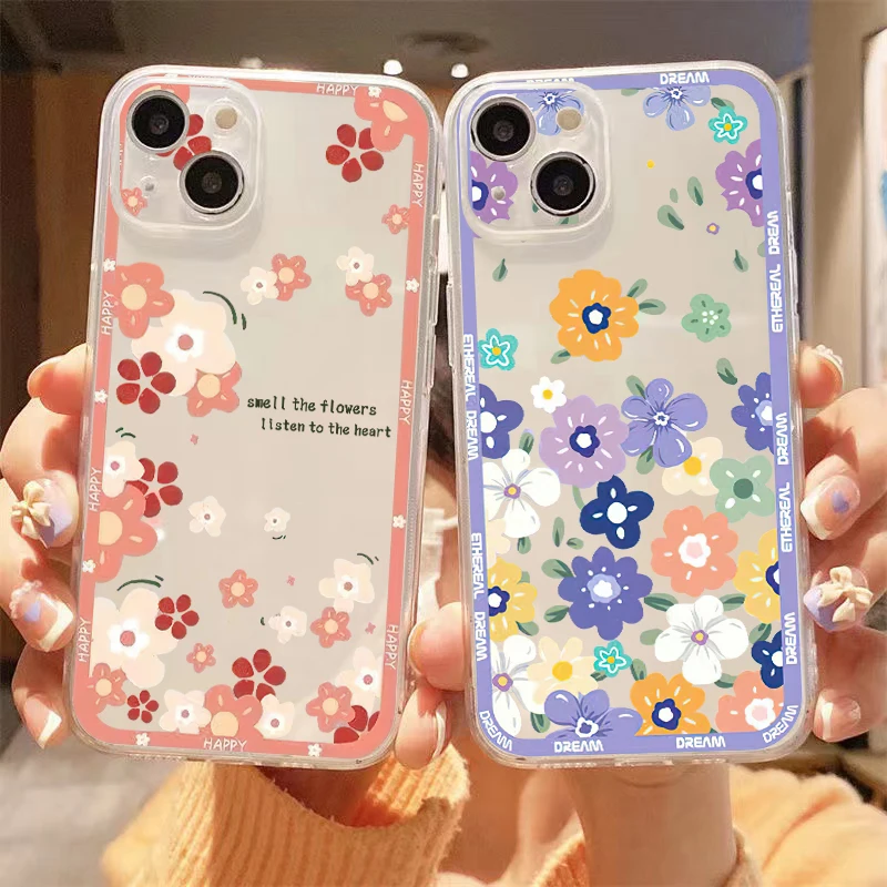 

Cute Pink Colored Flowers For Apple iPhone 13 12 11 Pro Max Mini X XR XS Max SE 6 6S 7 8 Plus Clear Phone Case Coque Cases