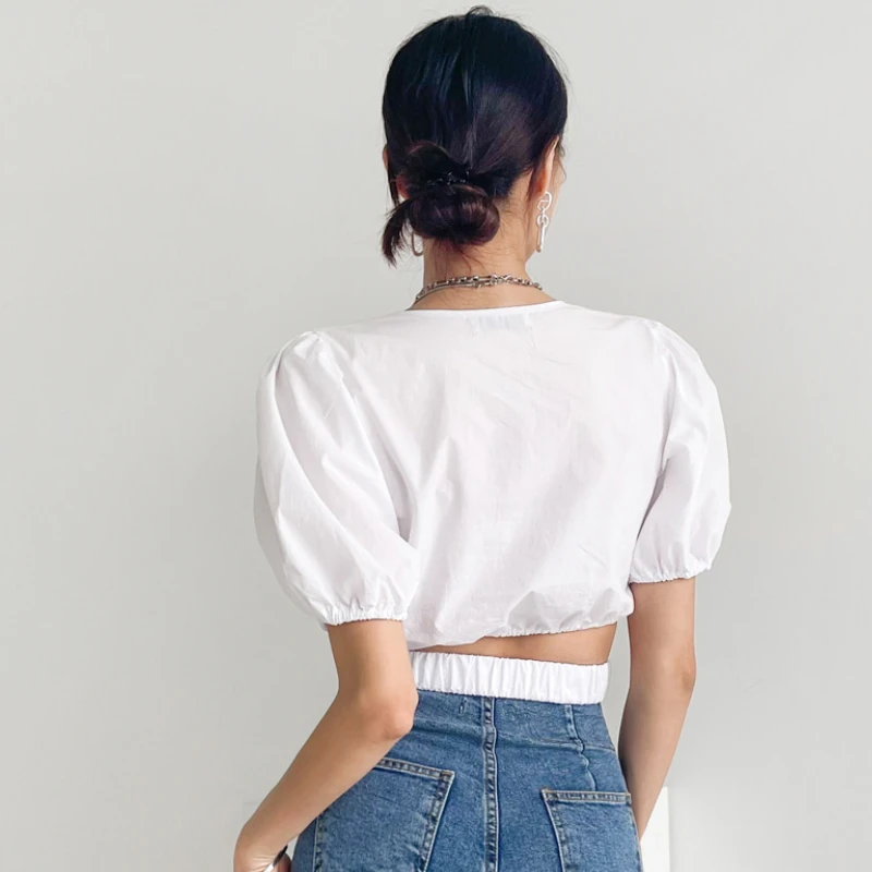 

Korean Chic Summer French White Square Collar Hollow Out Waist Design Puff Sleeve T-shirt Top Women