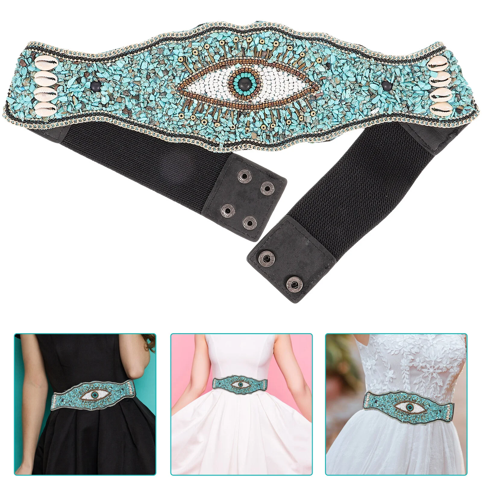 Beaded Belt Women Dress Waist Clothes Lady Decorative Wide Belts Strap Western Chain Turquoise Jeans