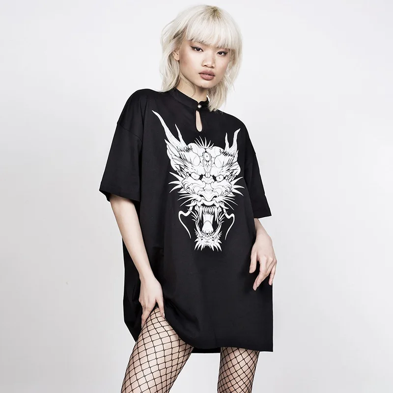 

Harajuku Vintage Oversized Long T-shirts 2021 Grunge Dragon Print Black T Shirt Streetwear Punk Goth Short Sleeve T-shirts New
