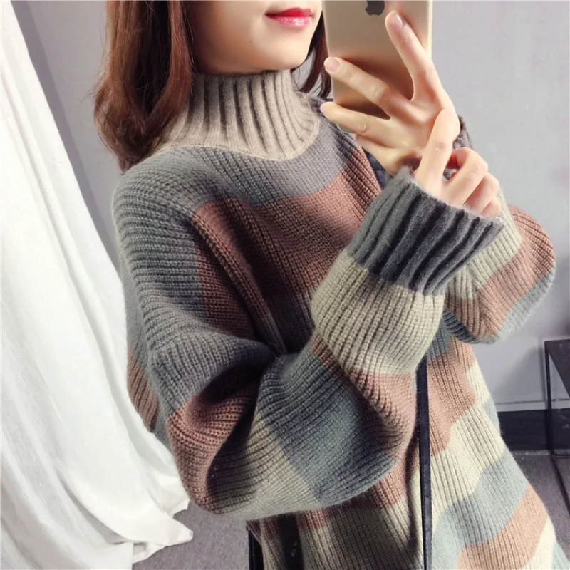 

Fashion Tops 2023 Women Winter New Loose Wide Striped Thick Color Matching Half Turtleneck Knitted Pullover Women