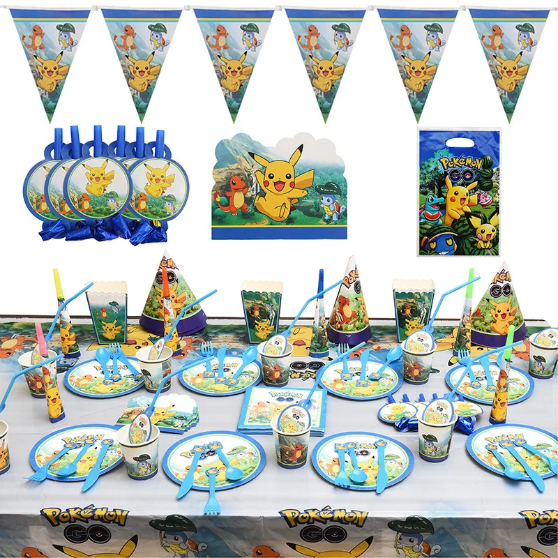 

Pokemon Cartoon Birthday Party Disposable Tableware Pikachu Theme Decoration Paper Cup Cake Hat Baby Holiday Part Supplies