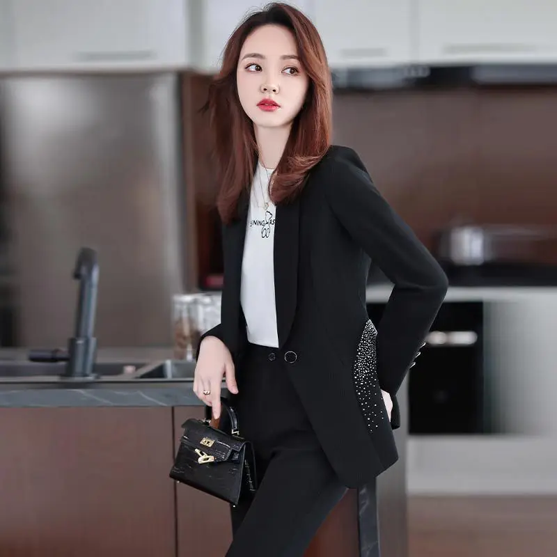 Women's Pant Sets Diamond Fashion Office Ladies Blue White Black Long Sleeve Jacket+Trousers Formal 2 Piece Set Outfit
