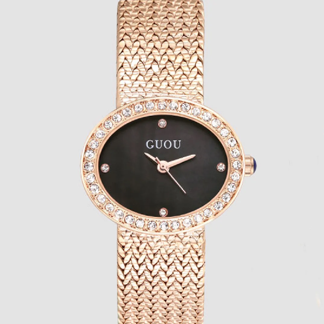 Fashion GUOU Top Luxury Brand Diamond Women Jewelry Watches Vintage Oval Watch Full Steel Bracelet Wrist Business Analog Clocks