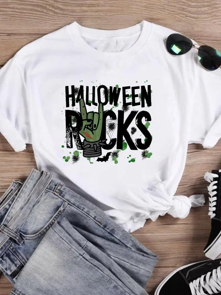 

T-shirts Print Top Halloween Thanksgiving Festival Women Witch Hand Horror Female Fall Autumn Clothing Short Sleeve Graphic Tee