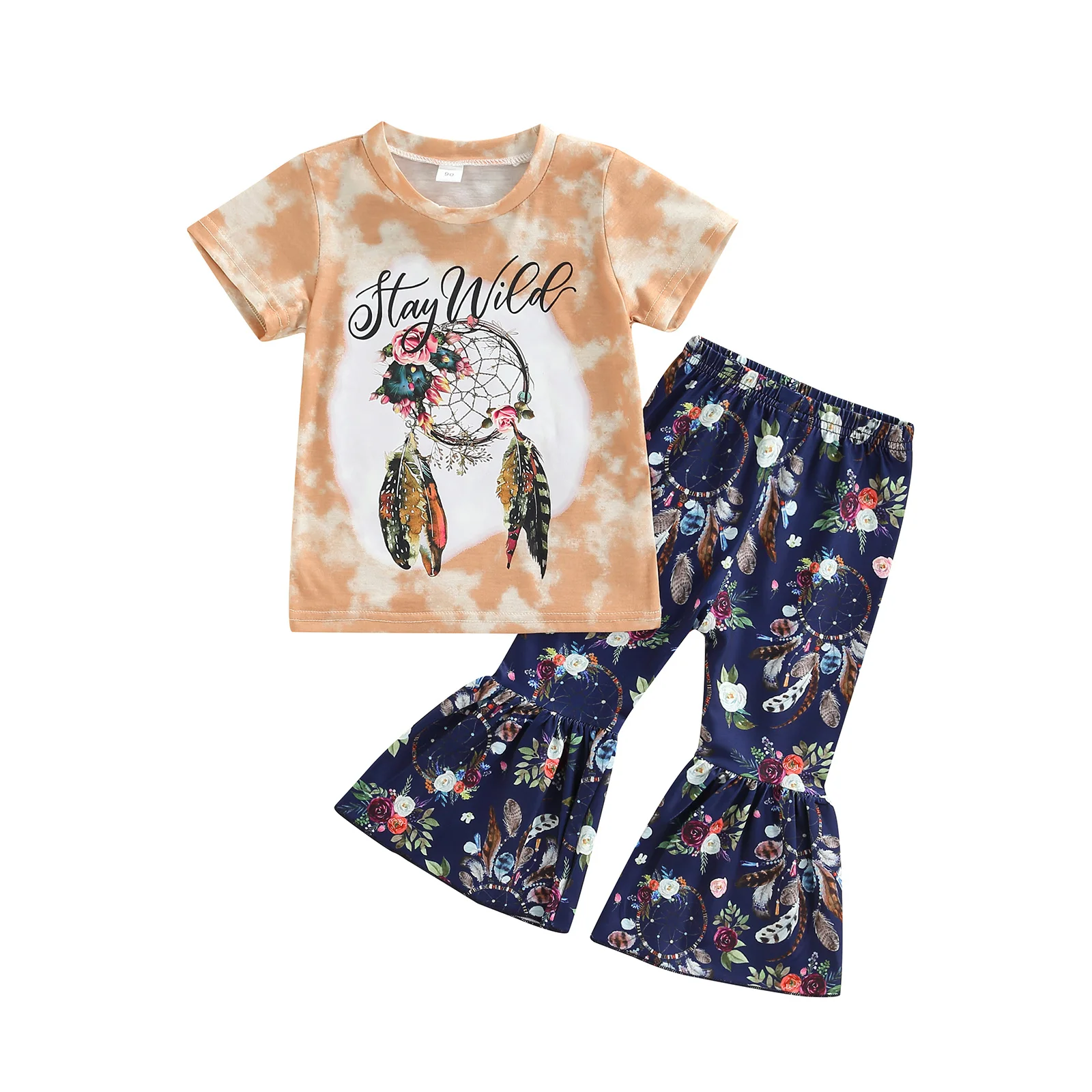 

Summer Kids Toddler Baby Girls Clothing Short Sleeve Round Neck Tops Long Flared Pants Wind Chimes Flowers Printing Sweet Style