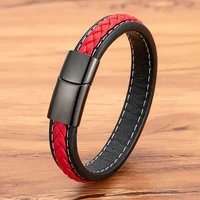 xqni black red braided rope leather bracelet men stainless steel charm jewelry bangle for friend couple birthday new year gift