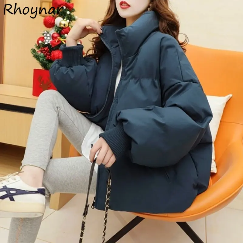 

Winter Parkas Women Clothing Baggy Stand Collar Teens Korean Fashion Pure Color Preppy Designer Warm Thicken Girlish Leisure Ins