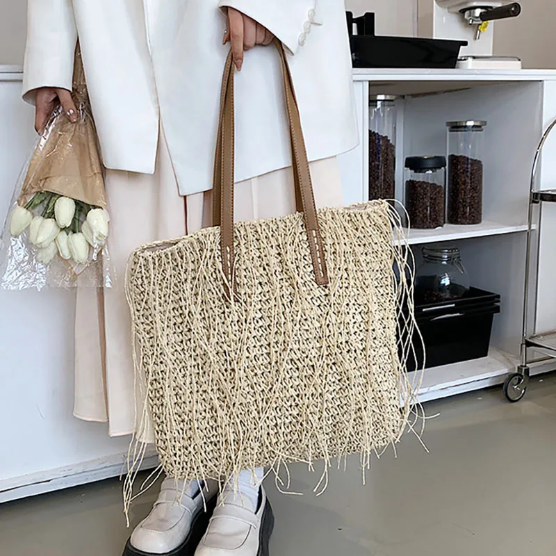 

Designer Tassels Straw Bag for Women Casual Solid Large Capacity Women's Shoulder Bags 2022 Fashion Lady Beach Shopper Handb