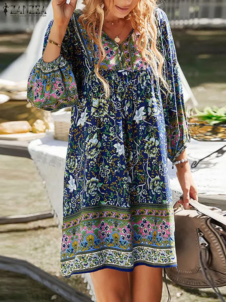

Bohemian Printed Mini Dress Women Summer Sundress 2022 ZANZEA Casual Puff Sleeve Floral Vestidos Female V Neck Robe Femme