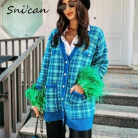 spring blue plaid cardigan za fashion v neck loose oversize casual sweater office ladies gilet femme manche longue 2022 chic top