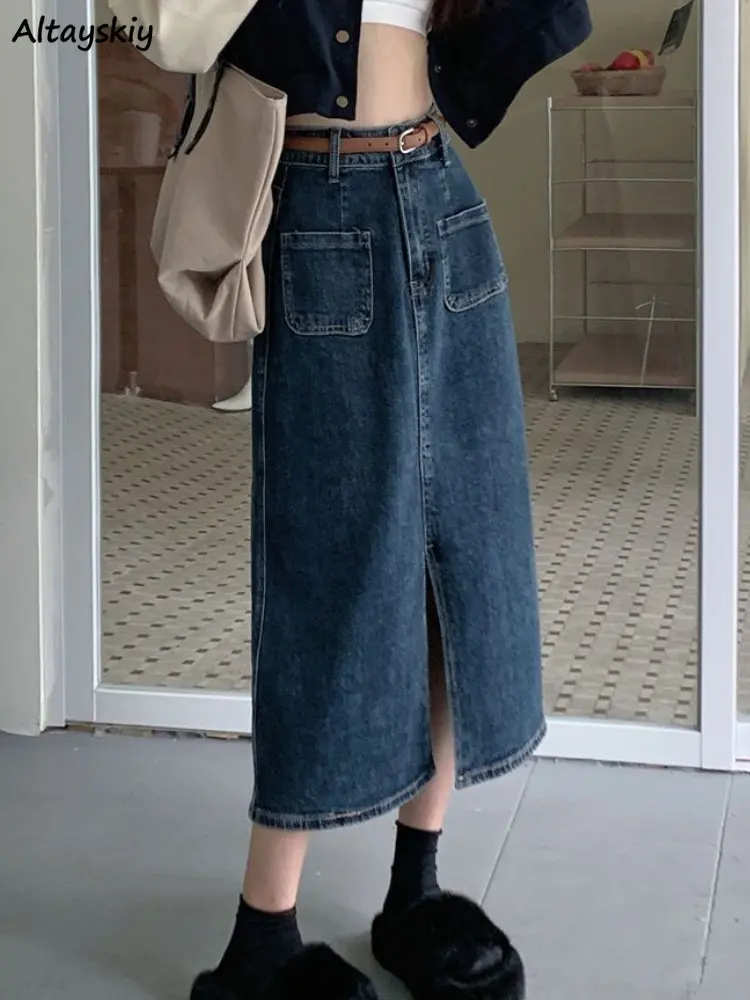 

Юбка женская прямая джинсовая до середины икры, Повседневная Базовая модная Милая уютная голубая юбка из денима в Корейском стиле ретро, с карманами, весна-лето