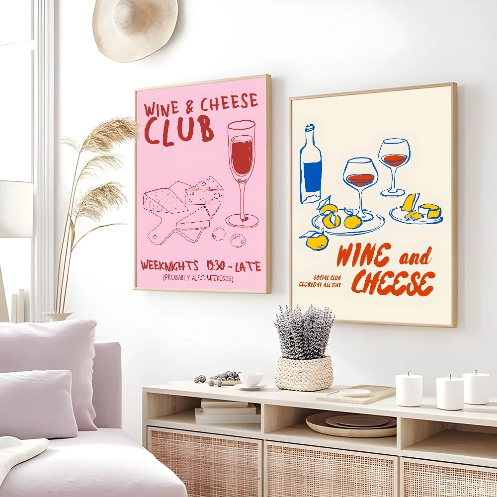 Wine And Cheese Club Art Print Simple Poster Sticky Wall Printing Waterproof Home Living Bed Room Bar Aesthetic Decor