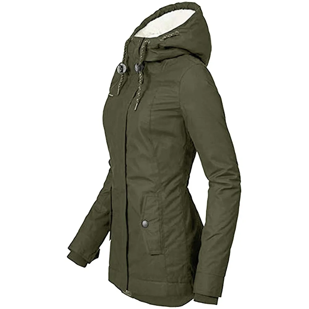 Hooded Casual Solid Color Zipper Women Parkas With Pockets Thick Winter Warm Slim Fleece Coats 2022 New Fashion Outwear For Lady