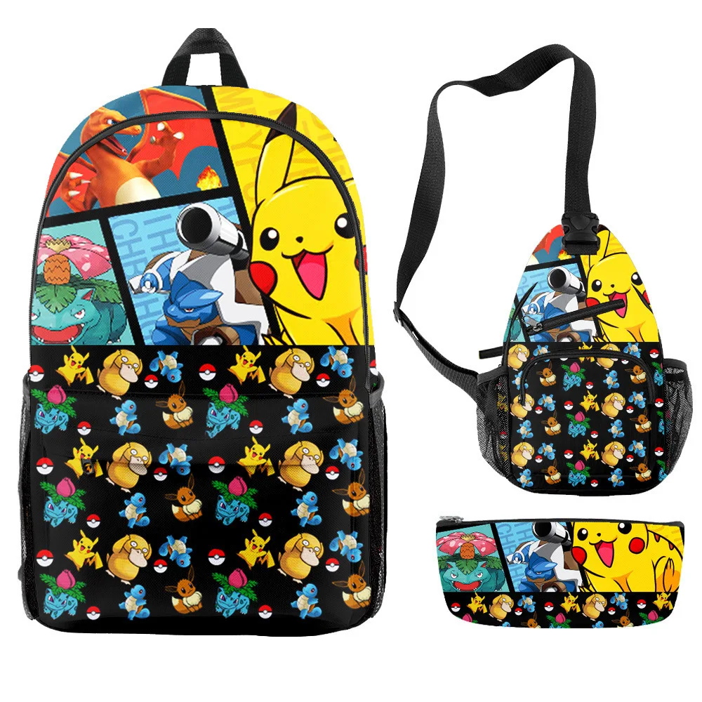 

3 шт., детский рюкзак с принтом покемона, на молнии