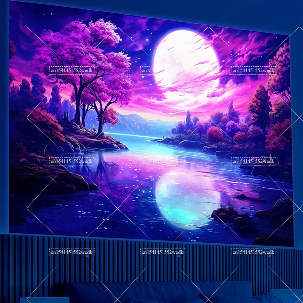 Гобелен с изображением гор Луны черного света УФ-реактивная фотография неоновое
