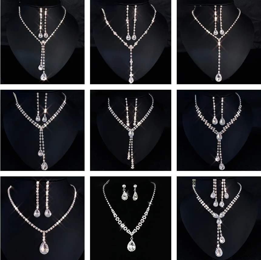 

Water Drop Rhinestone Long Pendant Full Crystal Silver Plated Necklace & Earrings Elegant Bridal Wedding Jewelry Set