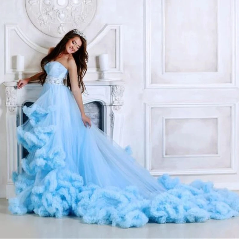 

Luxury Ruffled Tulle Photo Shooting Dress Sky Blue Bridal Wedding Party Dresses for Photography Beaded Sash Long Train Prom Gown