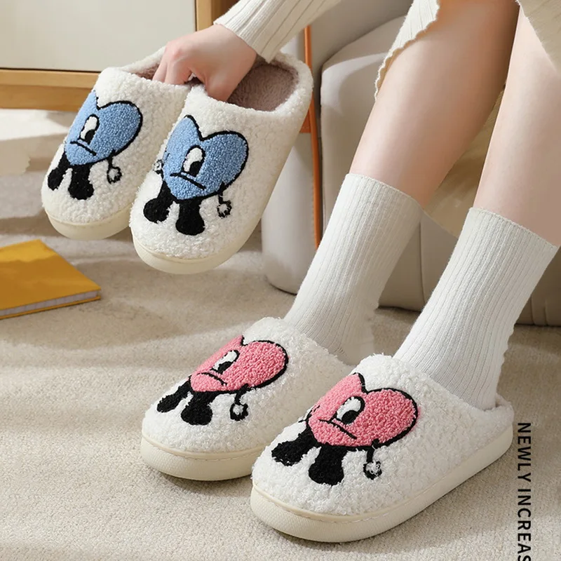 

Bad Cute Bunny Slippers For Women Men Cartoon Embroidery Warm Indoor Bedroom Winter Love Pattern House Slippers Warm Plush Slide